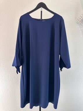 CeCe Navy Midi Shift Dress with Tie Sleeve Accents